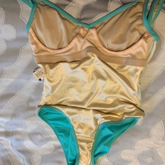 Turquoise jeweled One Piece Bathing suit cross cross back built in underwire bra - Picture 6 of 8